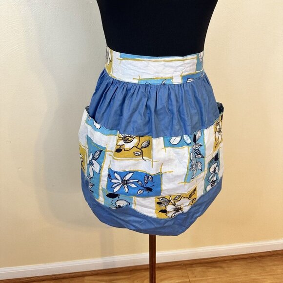 Womens Vintage Kitchen Apron Blue Yellow Floral Tie Back At Waist Cotton Retro - Picture 4 of 8